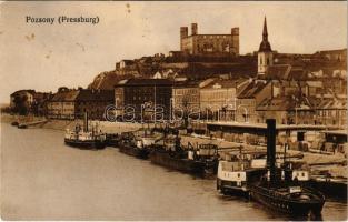 1908 Pozsony, Pressburg, Bratislava; vár, gőzhajó, uszályok / castle, steamship, barges (fl)