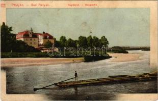 1911 Pöstyén, Piestany; Vág folyópart, tutajos / Waagpartie / Váh riverside with raftsman (fl)