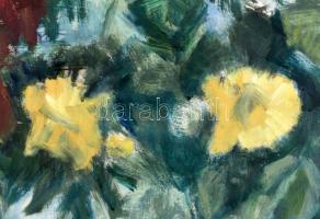 Karácsonyi Irén (1908-1992): Asztali virágcsendélet. Olaj, farost, jelzett, hátoldalán autográf feli...