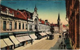 1917 Nagyvárad, Oradea; Rákóczi út, villamos, Barabás B. és Társa férfi szabók, Klein Géza és Ödön, Újhelyi Róza üzlete. Vasúti levelezőlapárusítás 31. sz. 1915. / street view, tram, shops (EK)