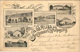 1900 Seitzersdorf-Wolfpassing, H. Eders Gasthaus, Dreifaltigkeits Platz, Milchkasino, Johann Schwanzer Handlung, Schloss, F. Schrotts Gasthaus / restaurant, square, castle, shop. Art Nouveau, floral (EK)