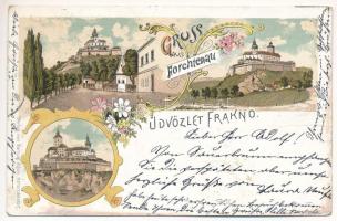 1900 Fraknó, Forchtenstein; Schloss Forchtenstein / Fraknó vára. Samuel Schön kiadása / castle. Art Nouveau, floral, litho (fa)