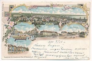 1900 Nezsider, Neusiedl am See; Obere und Untere Vorstadt, Hauptgasse, K.u.k. Cavallerie Kaserne / Alsó és Felső Előváros, Fő utca, Cs. és kir. lovassági laktanya / main street, cavalry barracks. Kunstanstalt Karl Schwidernoch Art Nouveau, floral, litho (szakadások / tears)