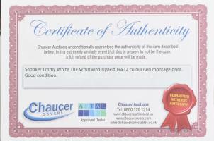Jimmy White legendás angol snookerjátékos autográf aláírása fotónyomaton, tanúsítvánnyal, 40x30 cm /...