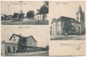 1909 Pándorfalu, Parndorf; Hauptgasse, Bahnhof, Kirche / Fő utca, vasútállomás eredeti MÁV II. osztályú fővonali felvételi épülete, templom / main street, railway station, church (EB) + "WIEN-GYŐR-BUDAPEST" vasúti mozgóposta