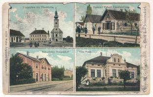 Gyanafalva, Jennersdorf; Hauptplatz mit PFarrkirche, Bahnstation, Villa Senta, Sigmund Webers Eisenhandlung / Fő tér, templom, vasútállomás, villa, Weber Zsigmond üzlete és saját kiadása / main square, railway station, villa, church, shop. Art Nouveau (Rb)