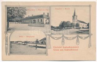Szabadbáránd, Grosswarasdorf; Pfarrwohnung, Hauptplatz, Kirche / Paplakás, Főtér, templom / parish house, main square, church. Art Nouveau, floral (r)