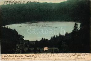 1904 Tusnádfürdő, Baile Tusnad; Szent Anna tó. Dragomán S. J. kiadása / Lacul Sfanta Ana / lake, spa (vágott / cut)