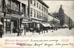 1899 (Vorläufer) Budapest V. Károly körút, üzletek, villamos. Schmidt Edgar kiadása (szakadás / tear)