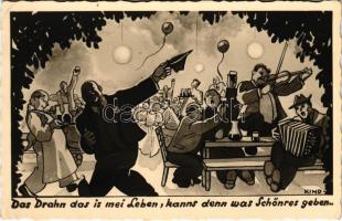 Das Drahn das is mei Leben, kanns denn was Schönres geben... / German drunk humour art postcard, music band, drinking and dancing s: Kind