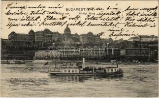 1914 Budapest I. Királyi vár, gőzhajó Hunyadi János keserűvíz reklámmal, Hotel Fiume szálloda (EK)