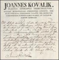 1813 Kovalik János (1770-1821) tribunici választott püspök autográf aláírásaival ellátott fejléces o...