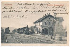 1906 Csíkszereda, Miercurea Ciuc; vasútállomás, vonat, gőzmozdony. Szvoboda József kiadása, Biró József fényképész felvétele / railway station, train, locomotive (r)