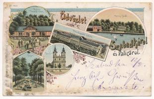 1898 (Vorläufer) Szabadka, Subotica; Palics fürdő, Társalgó terem, Fasor, Terézia templom, Törvényszéki palota / spa, hotel, Forensic Palace, court, church, promenade. Heumann Mór Art Nouveau, floral, litho (EK)