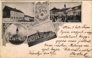 1900 Topolya, Bácstopolya, Backa Topola; Királyi járásbíróság, római katolikus templom, községháza, zárda és kastély. Schröder B. kiadása / county court, church, town hall, nunnery, castle. Art Nouveau, floral (Rb)