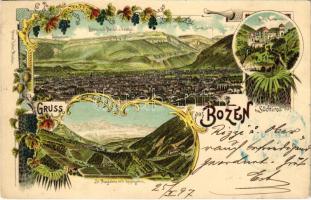 1897 (Vorläufer) Bolzano, Bozen (Südtirol); Burg Runkelstein, Mendel und Penegal, St. Magdalena mit Rosengarten. Ottmar Zieher / castle. Art Nouveau, floral, litho + BOZEN BAHNHOF