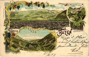 1897 (Vorläufer) Bolzano, Bozen (Südtirol); Burg Runkelstein, Mendel und Penegal, St. Magdalena mit Rosengarten. Ottmar Zieher / castle. Art Nouveau, floral, litho + "BOZEN BAHNHOF"