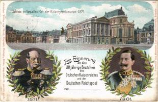 1902 Schloss zu Versaille, Ort der Kaiserproklamation 1871. Zur Erinnerung an das 30 jährige Bestehen des Deutschen kaiserreiches und der Deutschen Reichspost 1871-1901. Verlag von Theod. Stephani / A Német Birodalom és a Német Birodalmi Posta fennállásának 30. évfordulója alkalmából, I. és II. Vilmos császár / 30th anniversary of the German Empire and the German Post, Wilhelm I and II. Art Nouveau, floral (EK)