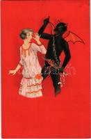 1920 Krampusz és hölgy / Krampus and lady. Special S.B. 7102. litho