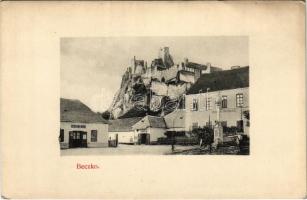 Beckó, Beczkó, Beckov; Vágvölgy, Vár, Kohn Mór, Schwarz Vilmos üzlete, Népiskola. Brück Gyula felvétele és kiadása / Povazie, Hrad / castle, shops, school