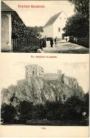 Beckó, Beczkó, Beckov; Evangélikus templom és paplak, vár / hrad / Lutheran church and rectory, castle