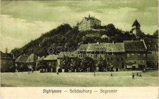 1928 Segesvár, Schässburg, Sighisoara; Fő tér, F. Lingner üzlete, Steinbrucher Bier Quelle sörcsarnok / main square, shops, beer hall (EK)