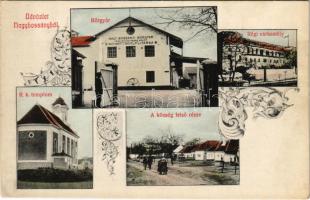 Nagybossány, Velké Bosany (Bossány); Nagy-Bossányi Bőrgyár, részvénytársaság azelőtt Schmitt Adolf és Társa, község felső része, régi várkastély, római katolikus templom. Braun Fülöp kiadása / leather factory, church, street, old castle. Art Nouveau, floral (EK)