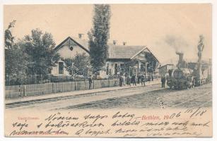 1906 Bethlen, Beclean; vasútállomás, gőzmozdony, vonat. Kajári István kiadása / railway station, locomotive, train (EK)