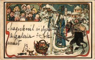 1902 Mikulás és Krampusz / Saint Nicholas and Krampus art postcard. G. Rüger & Co. Wien V/I. 1900. No. 52. Art Nouveau litho s: Karl Elleder (EK)