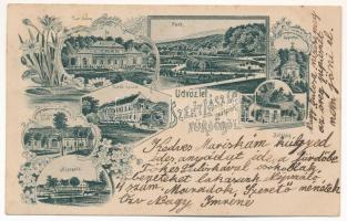 1904 Püspökfürdő, Szentlászlófürdő, Baile 1 Mai (Nagyvárad, Oradea); fürdő épület, indóház, vasútállomás, park, Lőrinc fürdő, Népszálló / spa, railway station, park, hotel. Art Nouveau, floral (fl)