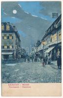 1913 Brassó, Kronstadt, Brasov; Purzengasse am Nacht / Kapu utca este, H. Zeidner, Providentia és Depner üzlete / street at night, shops. Helioaquarell 4424. (EK)