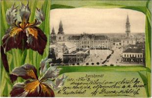 1901 Kecskemét, Fő tér. Schwarcz Soma kiadása, szecessziós litho keret virággal / Art Nouveau, floral litho (EK)