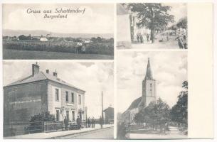 Somfalva, Schattendorf; Strasse, Kirche, Loipersbach-Schattendorf Bahnhof / utca, templom, Lépesfalva-Somfalva vasútállomás. Klothilde Nussbaum kiadása / street, church, railway station