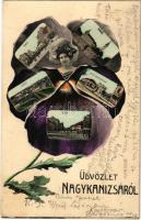 1908 Nagykanizsa, Korzó, Deák tér, Fő tér, M. kir. honvéd laktanya. Szecessziós montázs virággal és hölggyel, Fischel Fülöp fia kiadása / Art Nouveau, floral montage