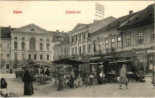 1907 Lugos, Lugoj; Izabella tér, piac, sörcsarnok, Barát és Lengyel és Kohn Testvérek üzlete, Városháza. Nemes Kálmán kiadása / market, beer hall, shops, town hall