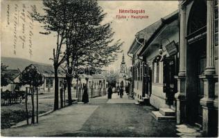 1909 Boksánbánya, Németbogsán, Deutsch-Bogsan, Bocsa Montana; Fő utca, templom, Singer (?) fodrász üzlete. W.L. 128. / Hauptgasse / main street, hairdresser shop, church