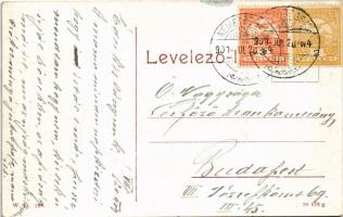 1909 Boksánbánya, Németbogsán, Deutsch-Bogsan, Bocsa Montana; Fő utca, templom, Singer (?) fodrász ü...