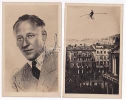 Strohschneider Artúr testnevelés tanár kötéltáncos mutatványa a fiumei színház felett + portréja - 2 db aláírt képeslap / rope dancer over the city fof Rijeka with the theatre + his portrait - 2 postcards with his autograph signature