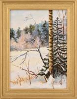 Olvashatatlan cirill betűs jelzéssel (hátoldalán): Téli havas táj. Olaj, vászon. 40x30 cm. Dekoratív fakeretben.