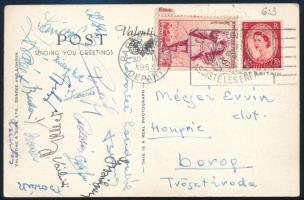 1953 Párizs, az Aranycsapat tagjai által aláírt képeslap a 6:3-as diadal után: Buzánszky, Puskás, Budai, Hidegkuti, Kocsis, stb összesen 17 játékos. / Autograph signed poscard of the Hungarian national football team after the victorious match against England (6:3)