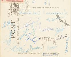 1953 Párizs, az Aranycsapat tagjai által aláírt képeslap a 6:3-as diadal után: Buzánszky, Puskás, Bu...