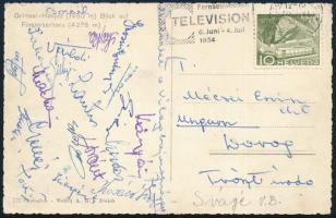 1954 Az Aranycsapat tagjai által aláírt képeslap a svájci világbajnokságról, Buzánszky, Budai, Hidegkuti, Kocsis, stb összesen 20 játékos. / Autograph signed poscard of the Hungarian national football from Switzerland