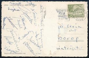 1955 Az Aranycsapat tagjai által aláírt képeslap az 1955-ös, Lausannei Svájc - Magyarország mérkőzésről, Buzánszky, Puskás, Budai, Hidegkuti,Kocsis, Tichy... stb összesen 15 játékos. Sérüléssel! / Autograph signed poscard of the Hungarian national football team from Lausanne World Cup with damage