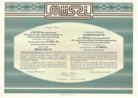 Budapest 1991. MÜSZI Mezőgazdasági Üzemszervezési, Számítástechnikai és Informatikai Részvénytársaság névre szóló részvénye 10.000Ft értékben, szelvényekkel T:AU