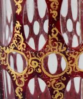 Antik sörös kupa, üveg, ón fedővel, erősen kopott, m: 19 cm