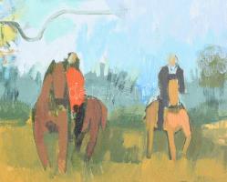 B. Séday Mária (1925-2009): Őszi lovaglás. Olaj, farost, jelzett. Hátoldalán autográf felirattal. Fa...