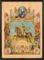 cca 1930 Emlékül a haza szolgálatára irredenta katonai emléklap, rajta Horthy Miklós arcképe és a Magyar Hiszekegy, üvegezett keretben, 57×42 cm