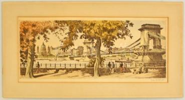 Zádor István (1882-1963): Lánchíd, színezett rézkarc, papír, jelzett, paszpartuban, 19,5×48 cm