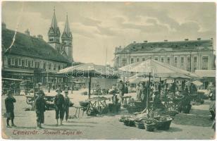 1919 Temesvár, Timisoara; Kossuth Lajos tér, Takarékpénztár, piac, Winternitz Lipót üzlete, villamos. Gerő Manó kiadása / square, market, shops, savings bank, tram (EB)