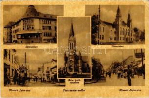 Budapest XX. Pestszenterzsébet, Pesterzsébet, Erzsébetfalva; Gimnázium, Városháza, Kossuth Lajos utca, Római katolikus templom, üzletek, rendőr (EK)